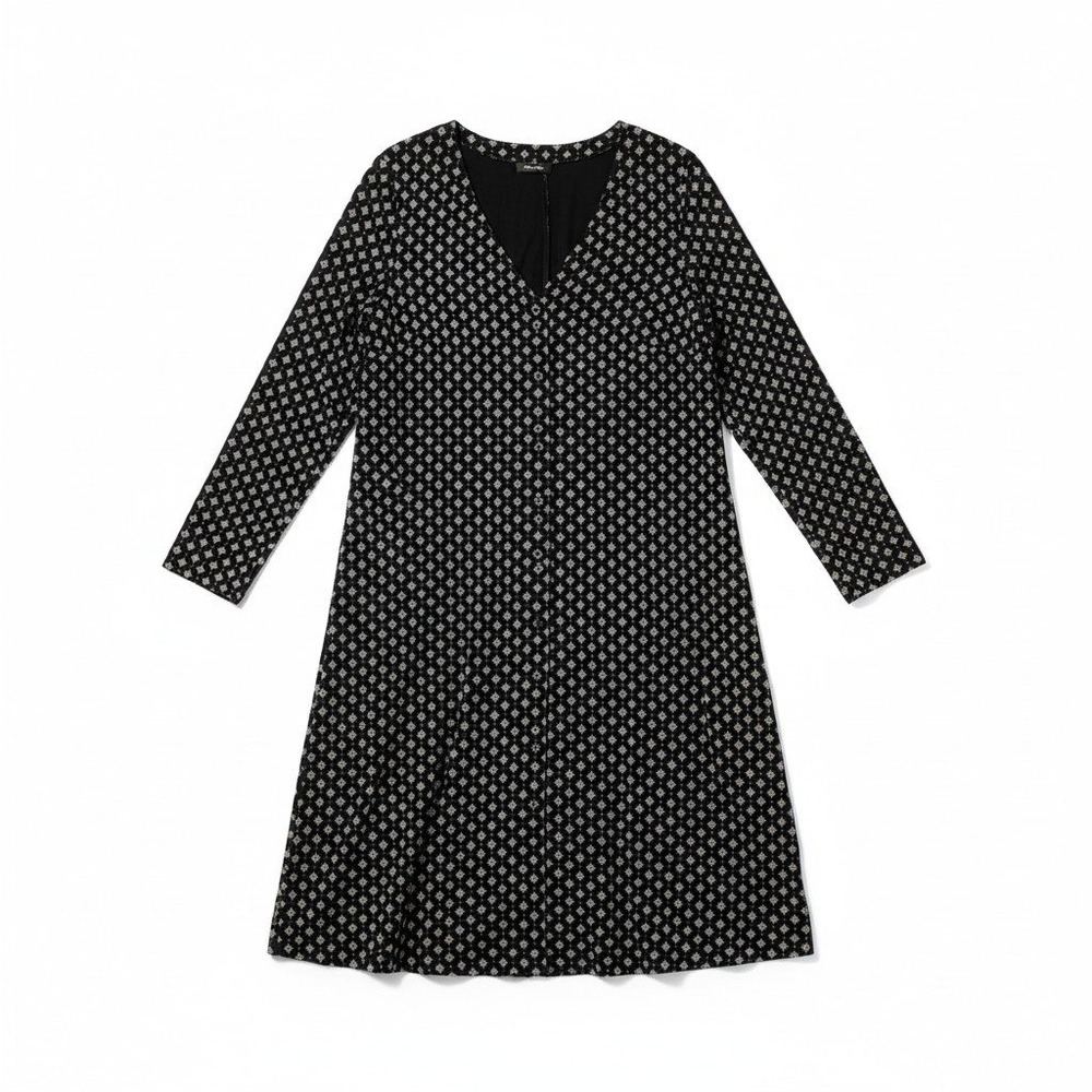 Garnet Hill Womens Black Geometric Diamond Print Tencel Button Front Dress L